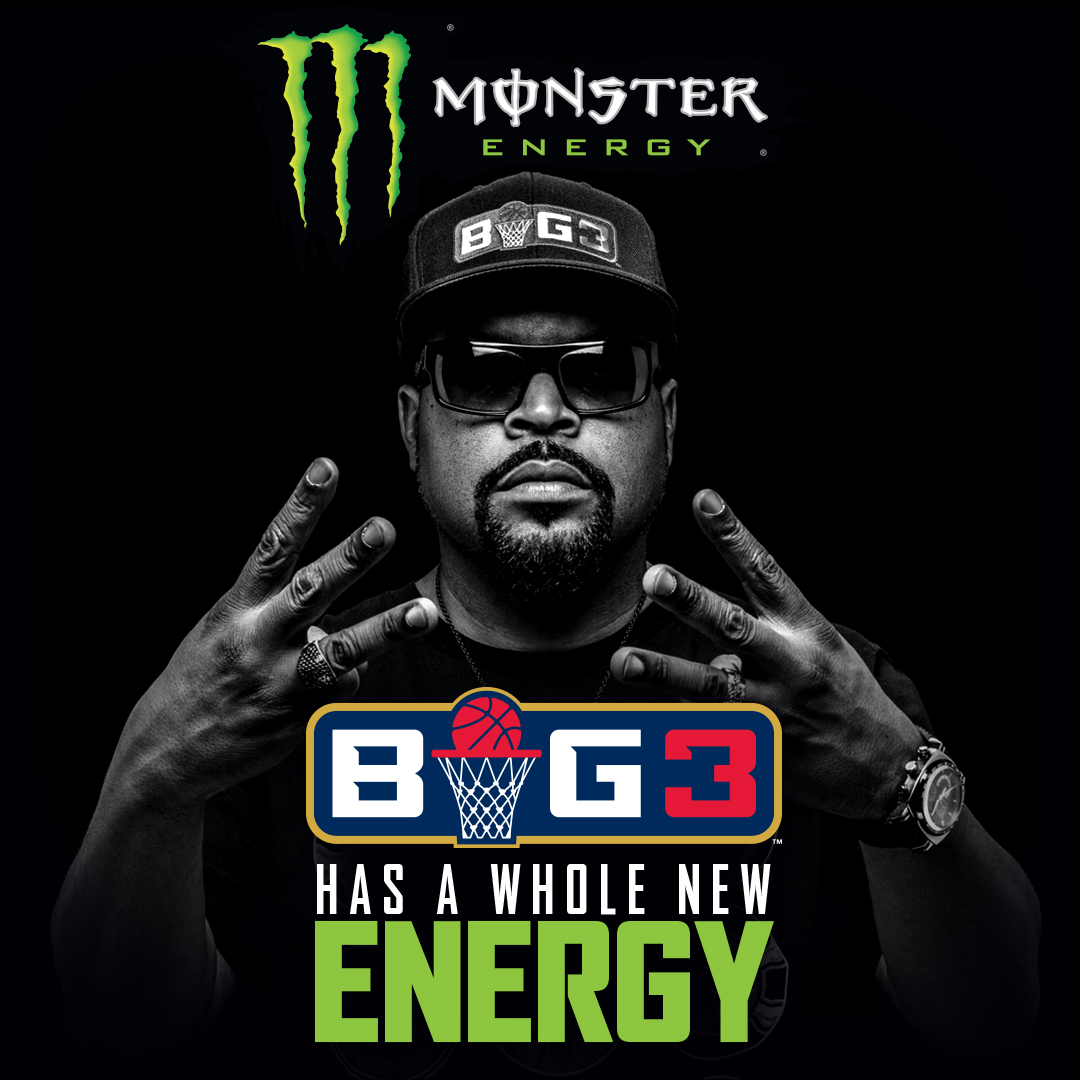 Ice Cube in a BIG3 campaign portrait for Monster Energy with the line BIG3 has a whole new energy.