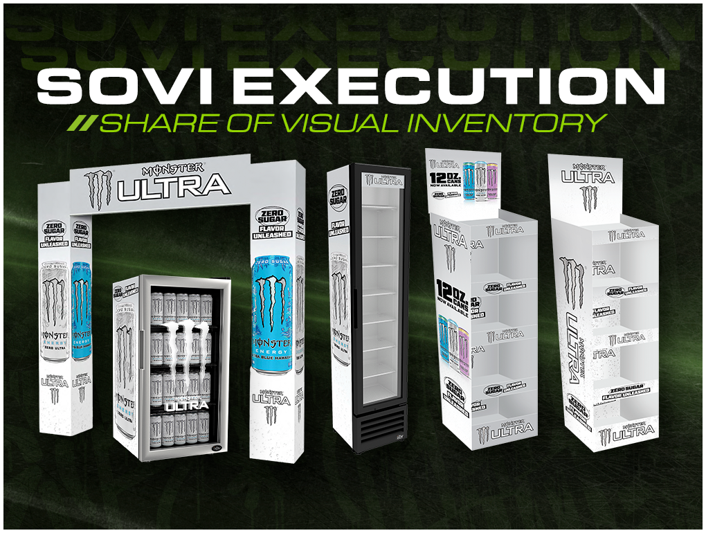 Monster Ultra point-of-sale visual inventory featuring branded coolers, displays and retail structures.