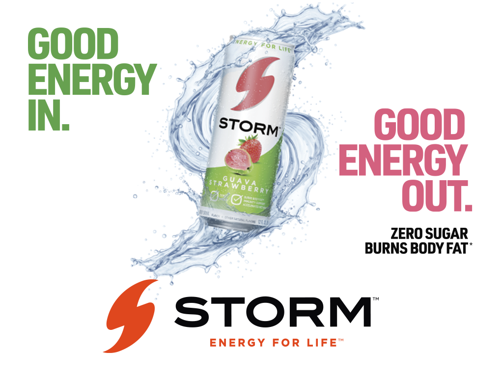Reign Storm Guava Strawberry banner creative featuring the Good Energy In, Good Energy Out campaign line.